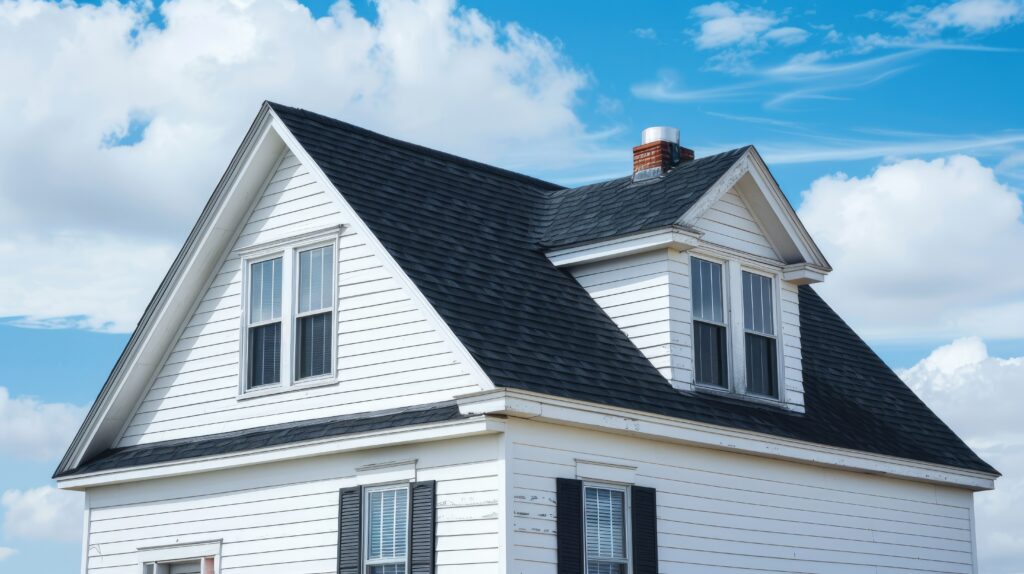 White-sided house with black roof and a bright blue sky with clouds