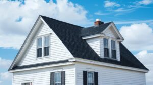 White-sided house with black roof and a bright blue sky with clouds